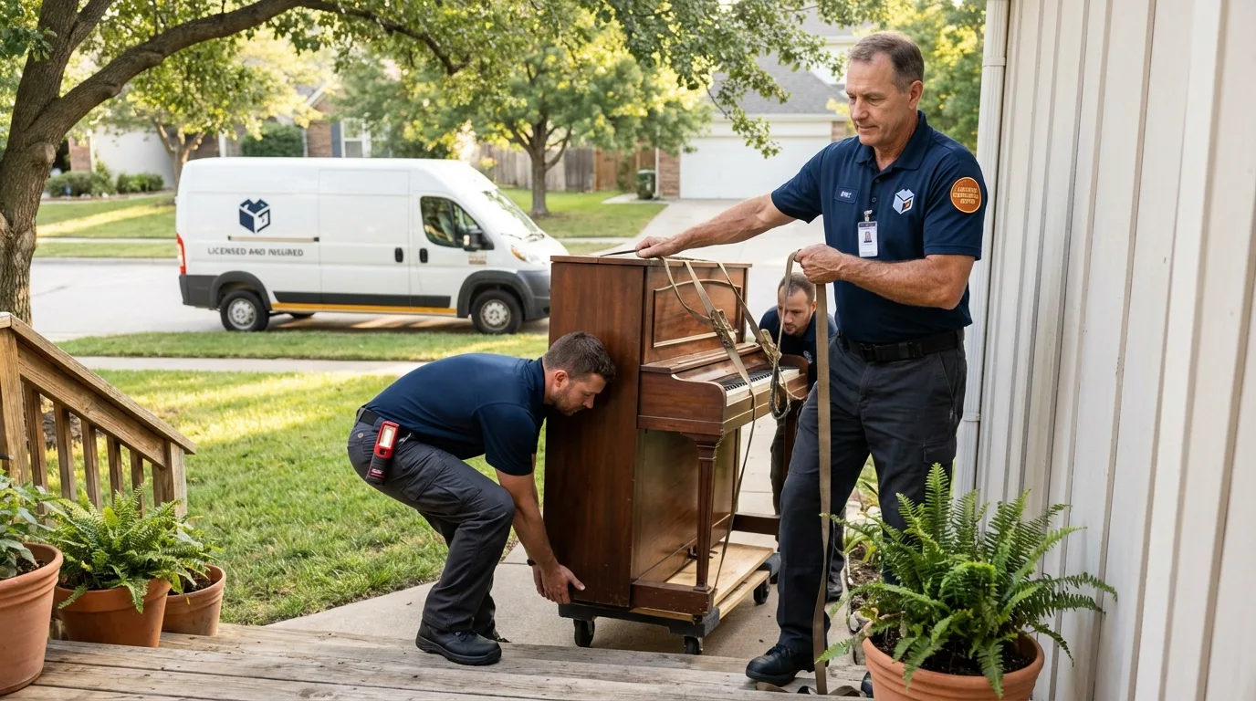 Licensed piano movers securing grand piano in Williston, SC