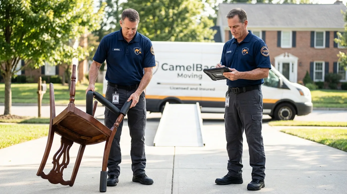 Movers inspecting furniture for damage prevention before loading in Williston, SC