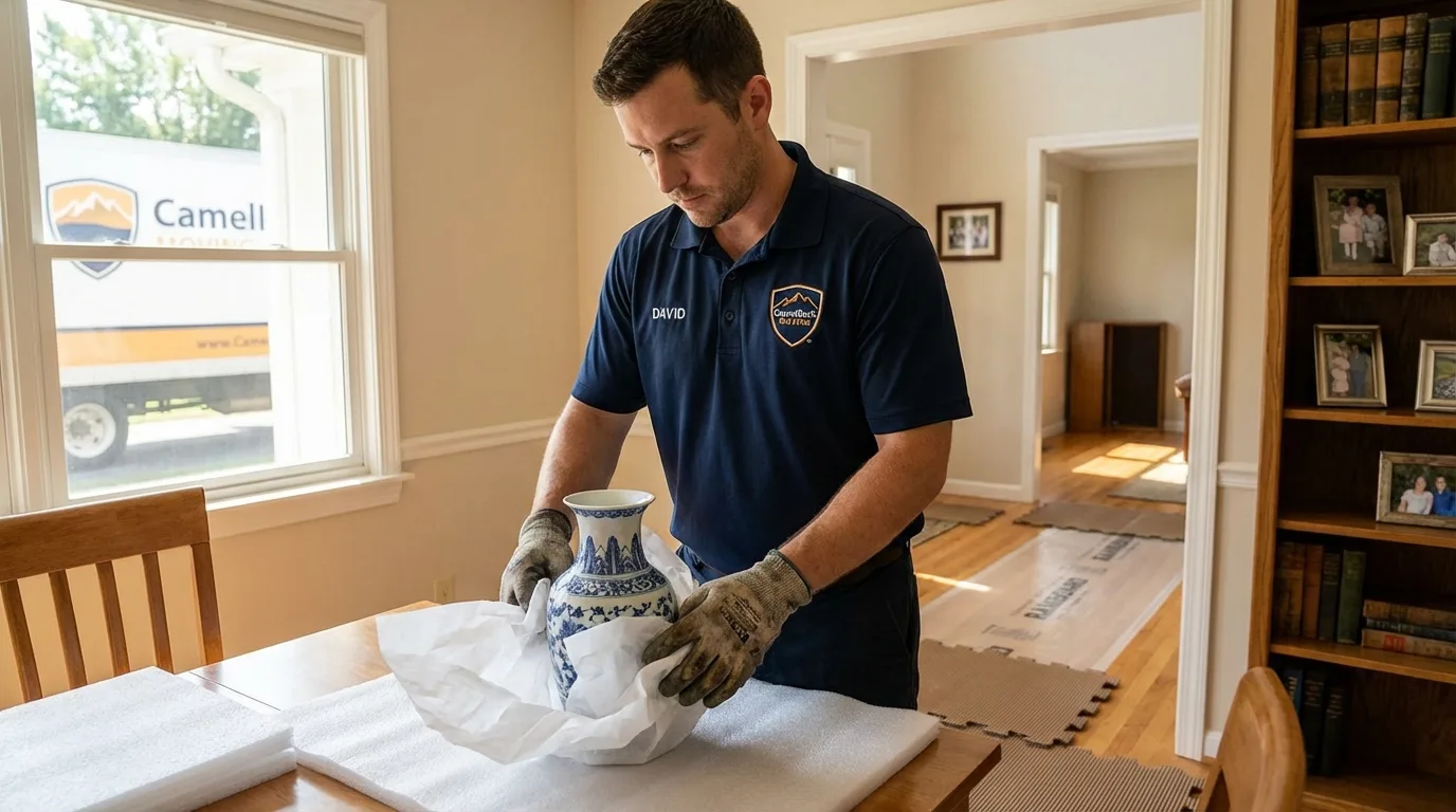 Professional crew carefully wrapping antique vase for senior downsizing move in Williston, SC